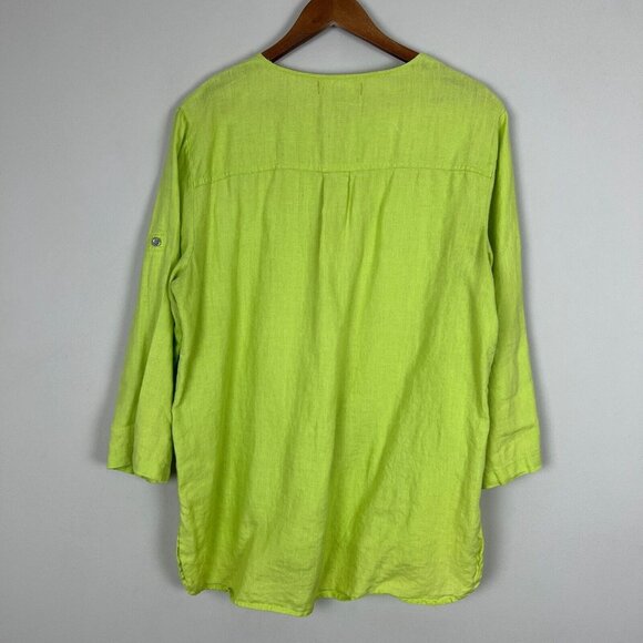 Ellen Tracy Top Womens Large Green 100% Linen 3/4 Roll Tab Short Sleeve Shirt L - Picture 8 of 11